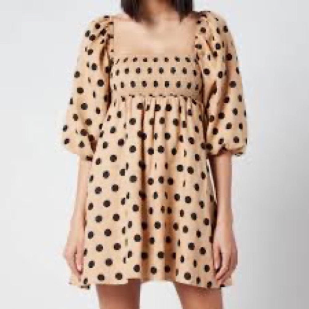 Faithfull the Brand Tan and Black Polka Dot Mini Dress